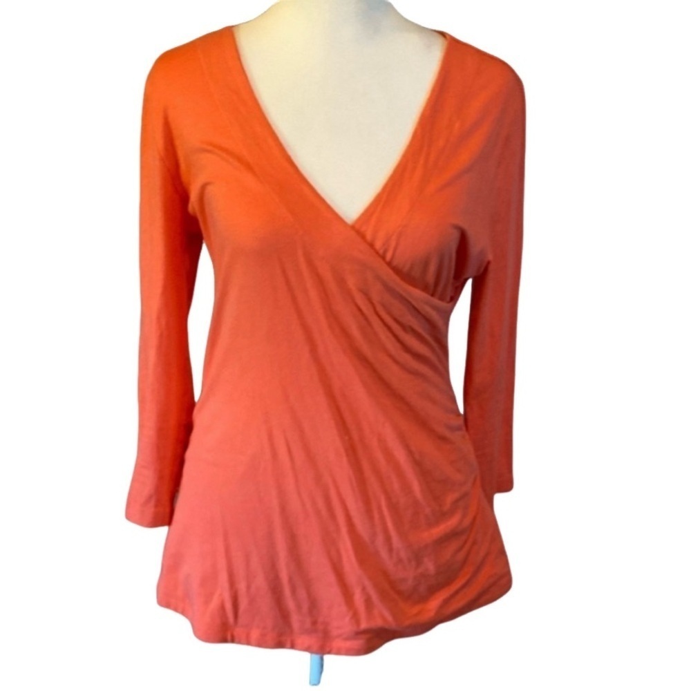 Soft Surroundings Ruched Faux Wrap V Neck Top.  Size S. Dark Peach/Orange.